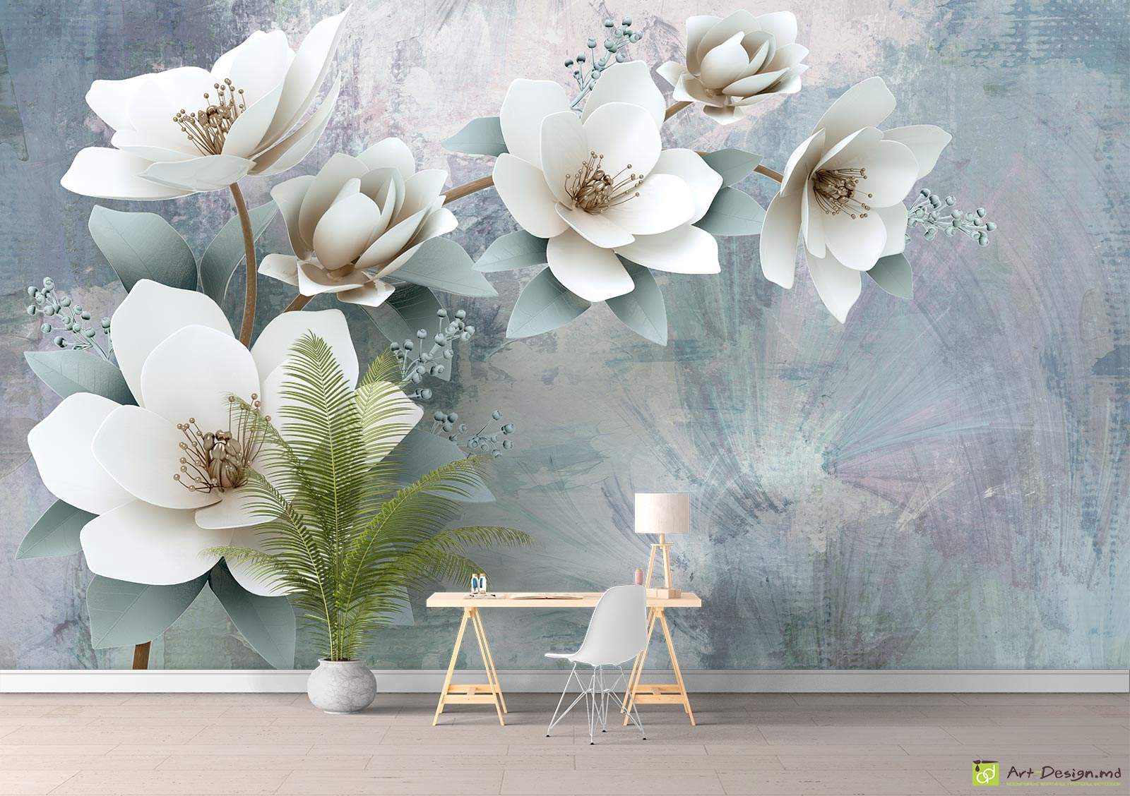 Fototapet la comanda - O ramură cu flori pe fundal pastel