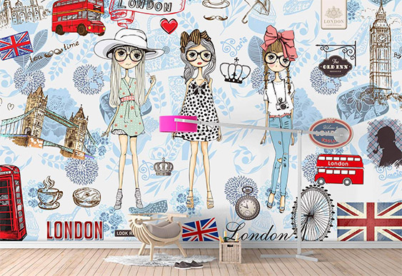 Fototapet pentru copii - Trei fete și elemente din Londra