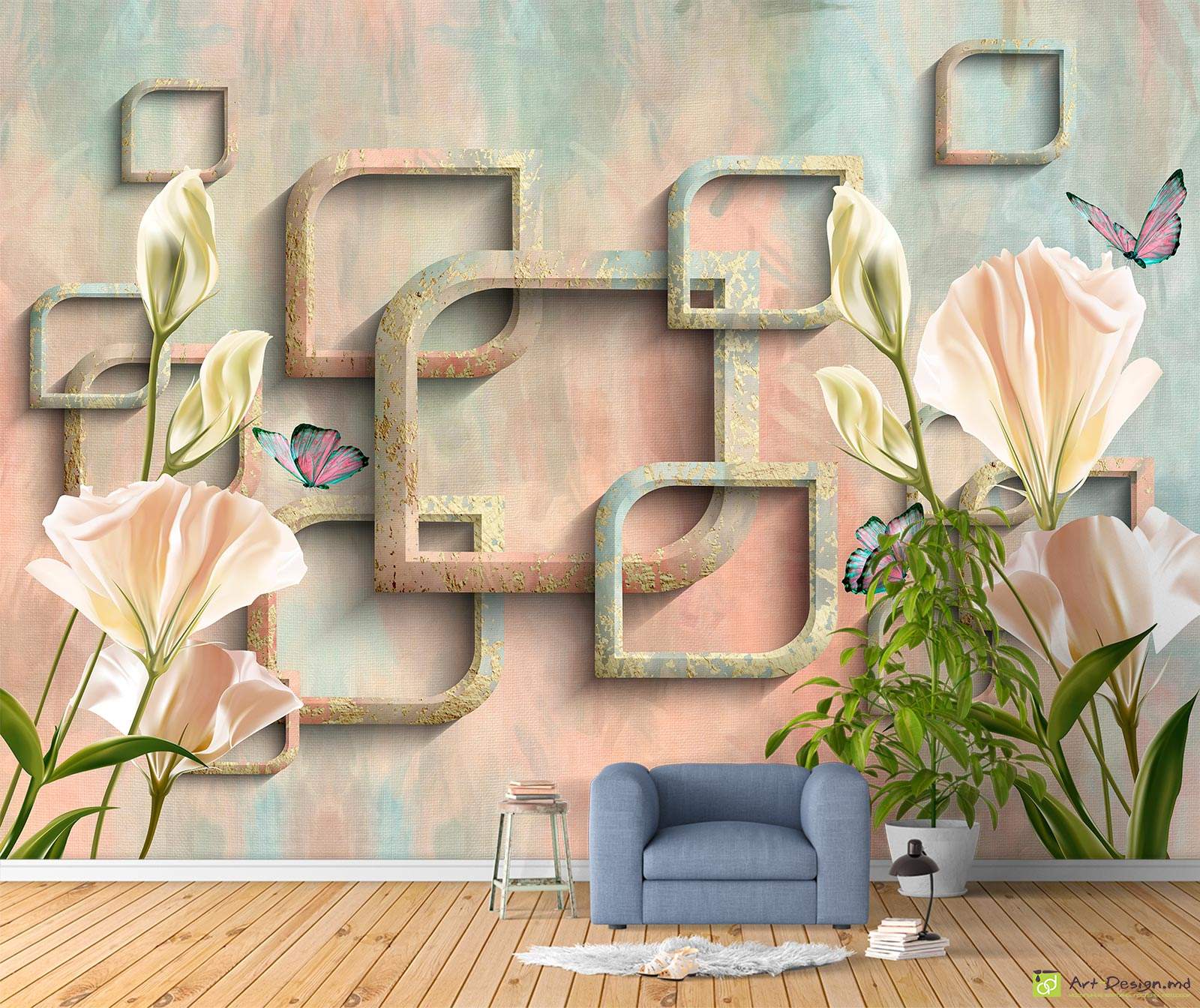 Фотообои на стену - Ромбы и цветы на арт фоне