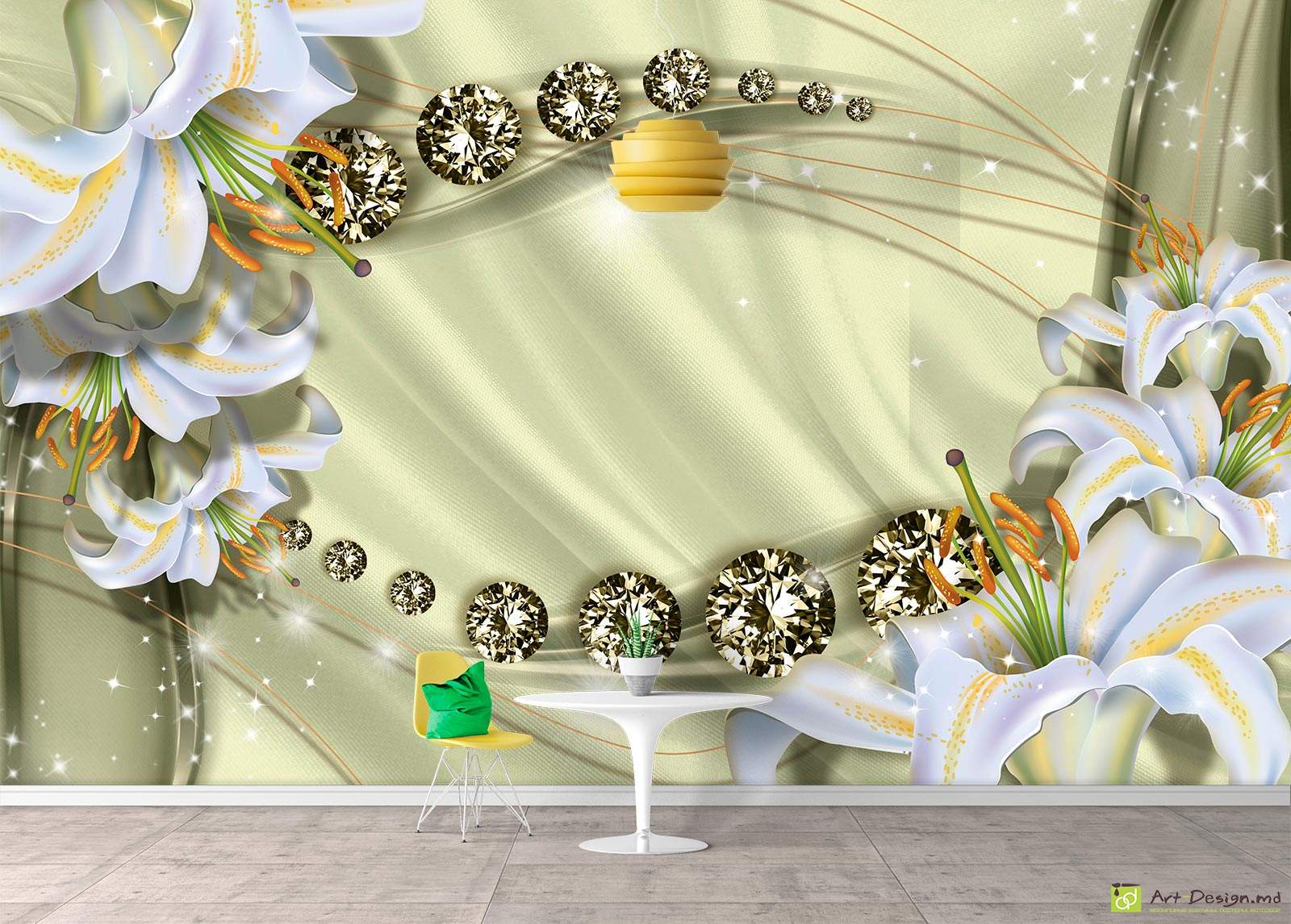 Фотообои на стену - Лилии и бриллианты на шёлковом фоне