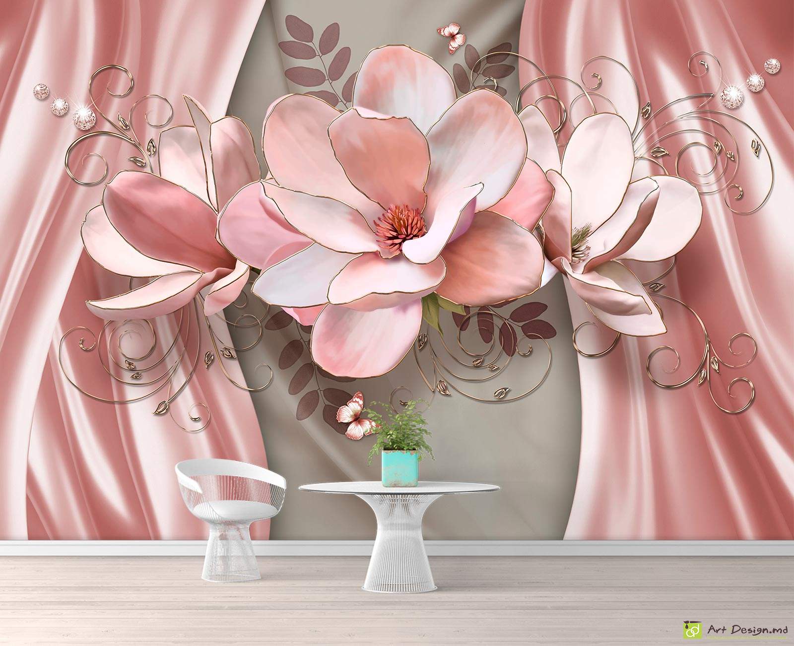 Фотообои на стену - Магнолия и абстрактный фон с завитками