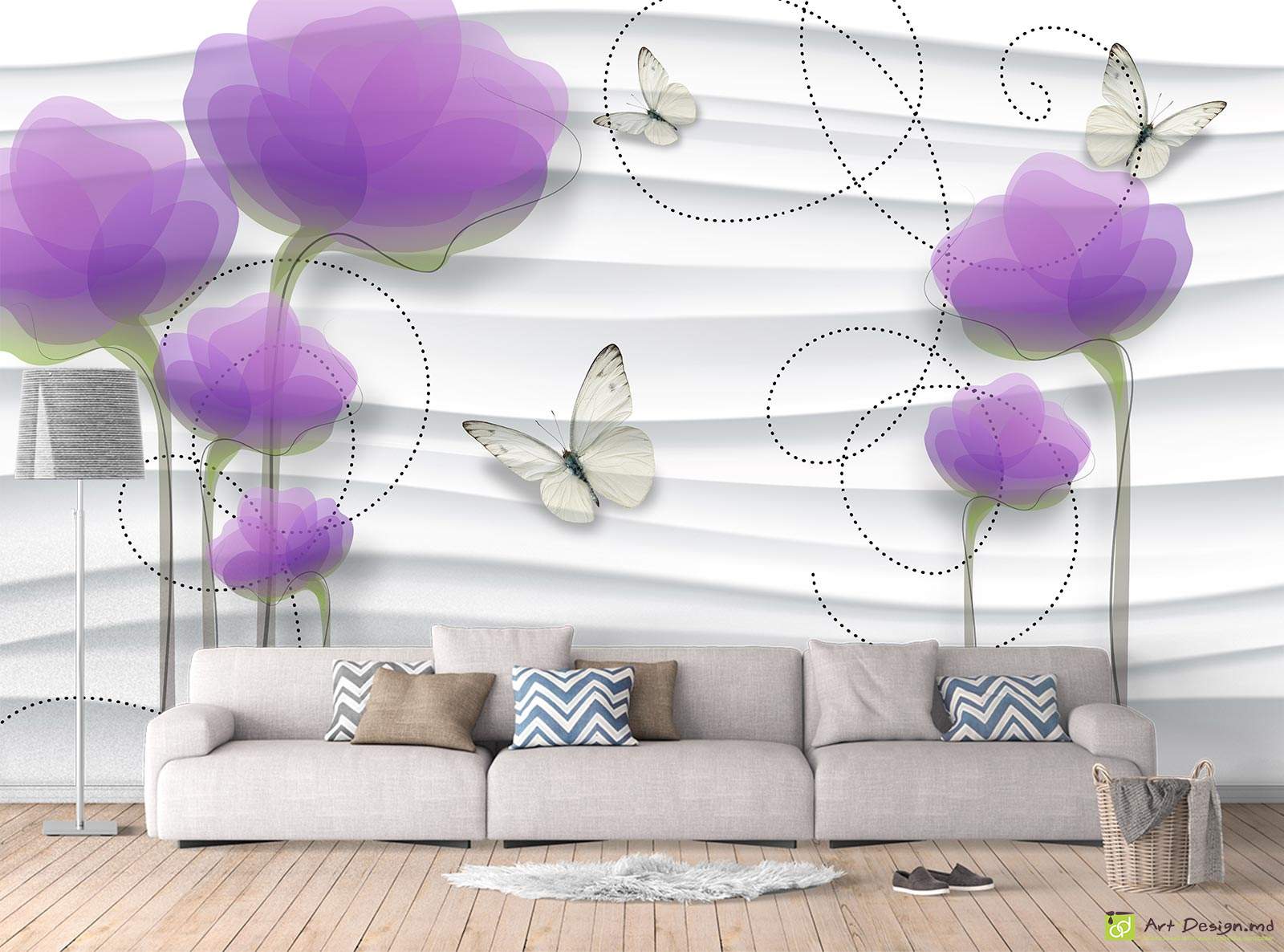 Tapet cu efect 3D - Flori abstracte și fluturi