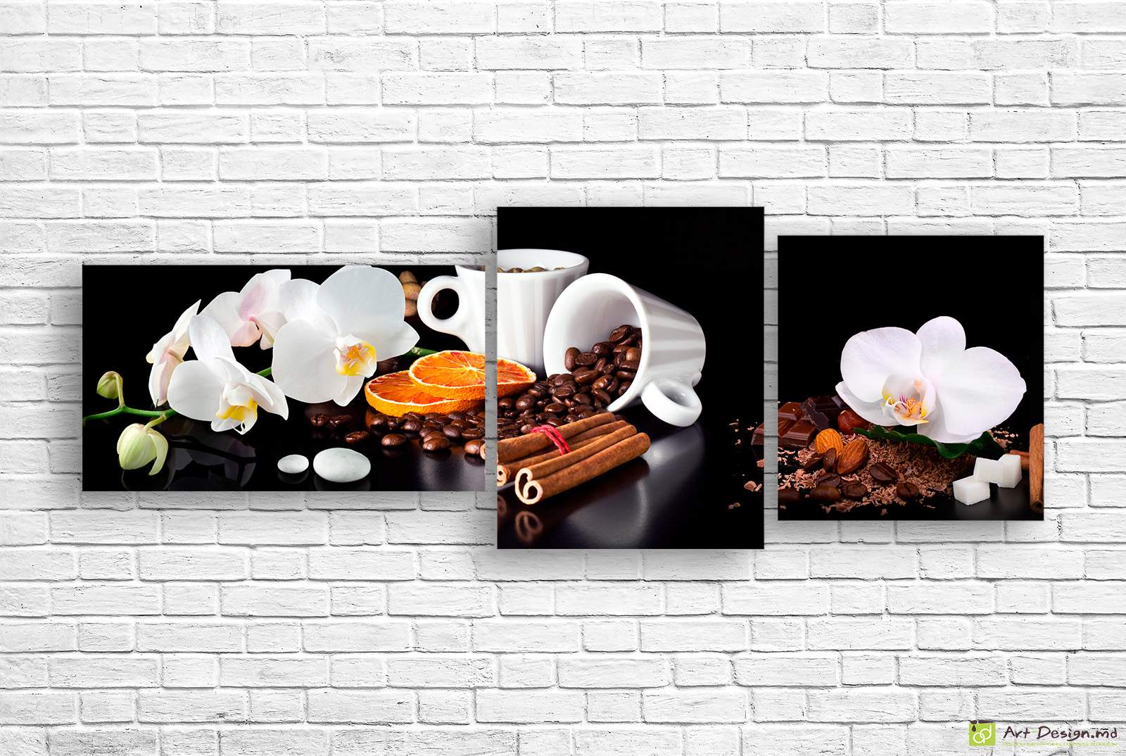 Tablou multicanvas -Boabe de cafea, orhidee și scorțișoară