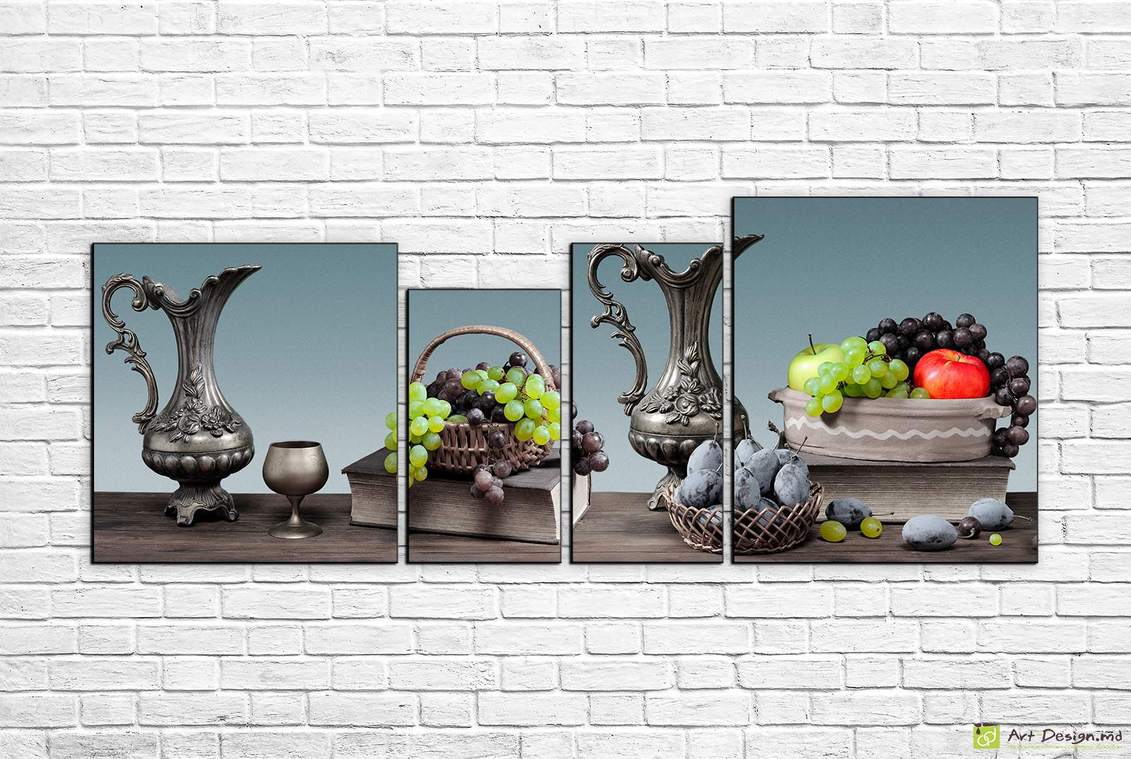 Модульная картина - Медный кувшин, сливы и виноград
