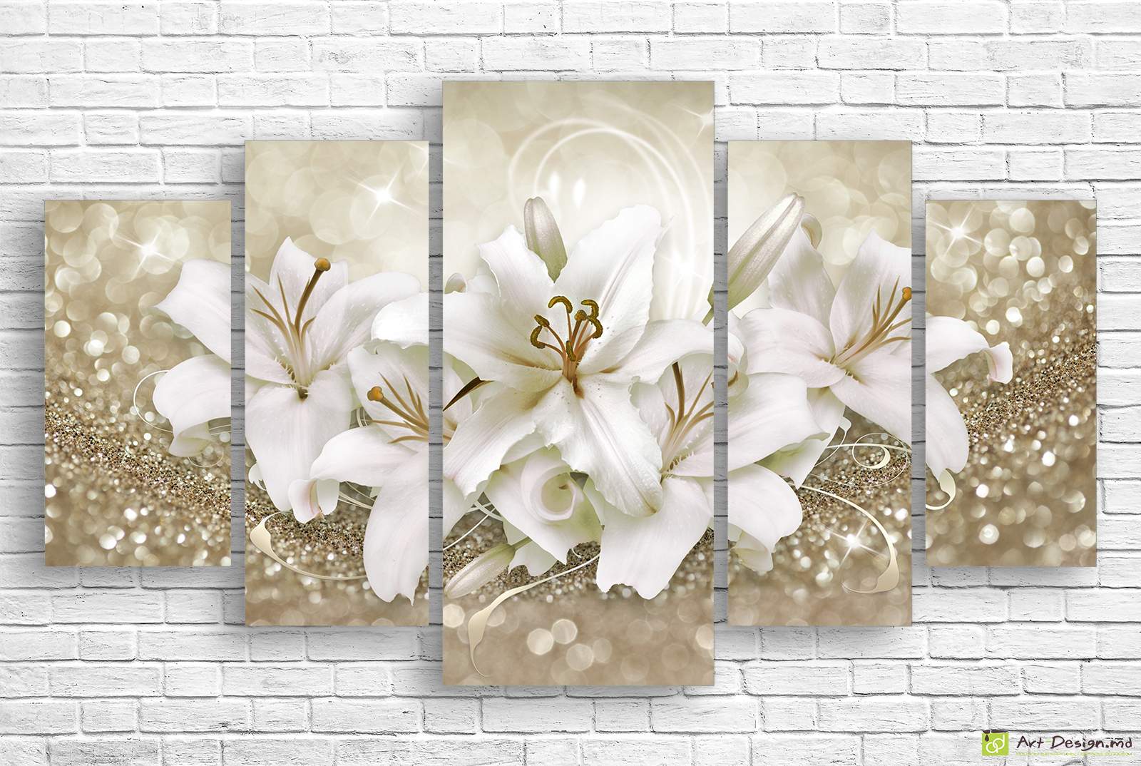 ✨ Модульная картина: Белые лилии в сиянии золотого боке