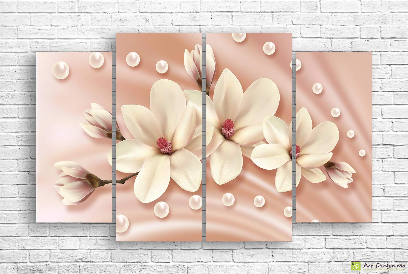 🌸 Tablou modular: Magnolii delicate și perle pe mătase roz