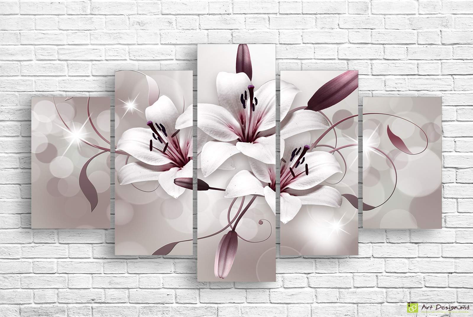 ✨ Tablou modular Crini albi cu accente visinii și strălucire