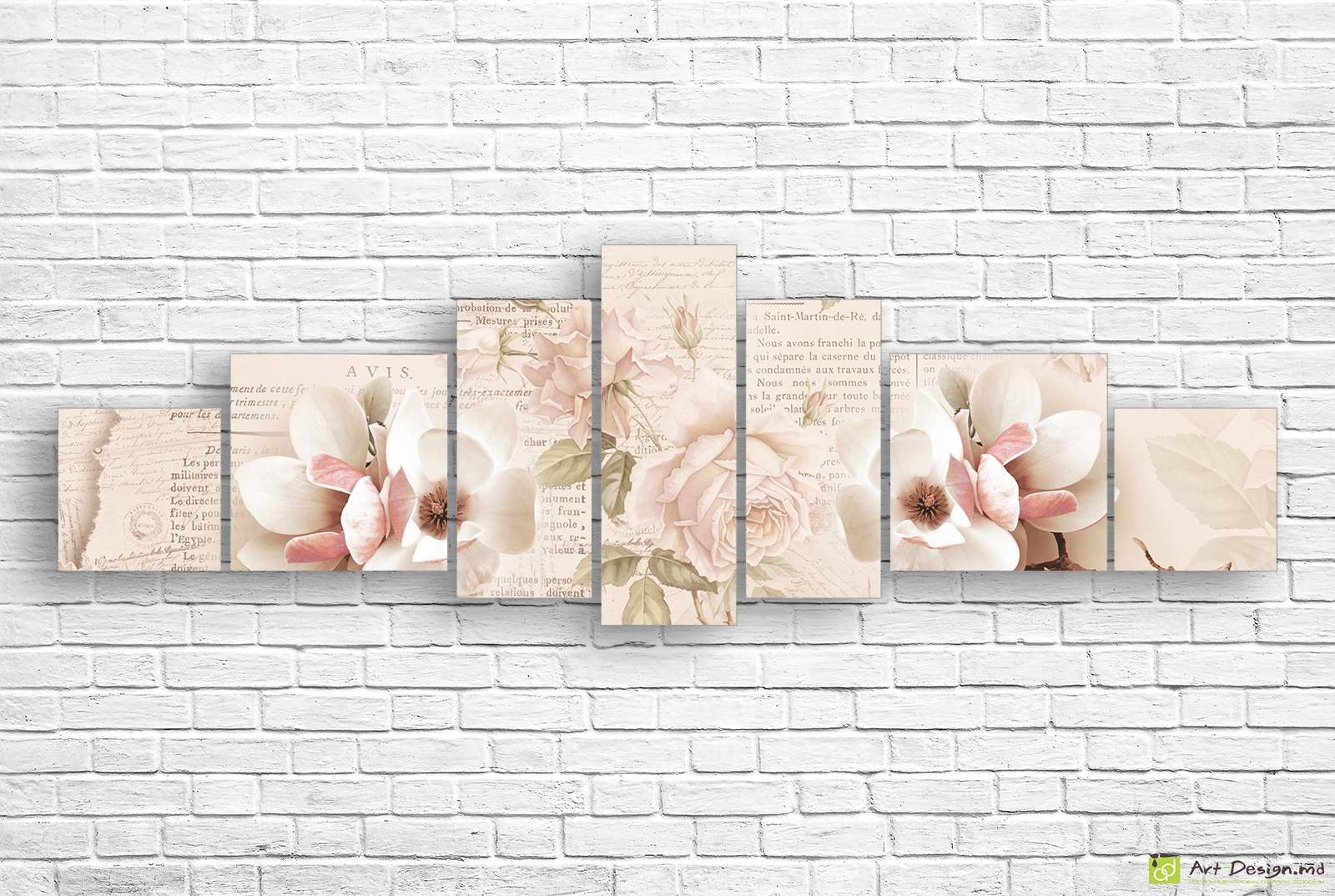 🌸 Tablou modular: Magnolii vintage pe fundal de scrisori