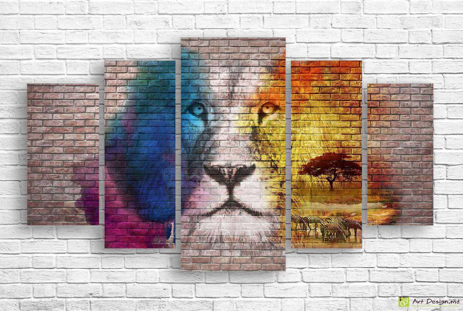 🦁 Модульная картина Арт-лев на кирпичной стене