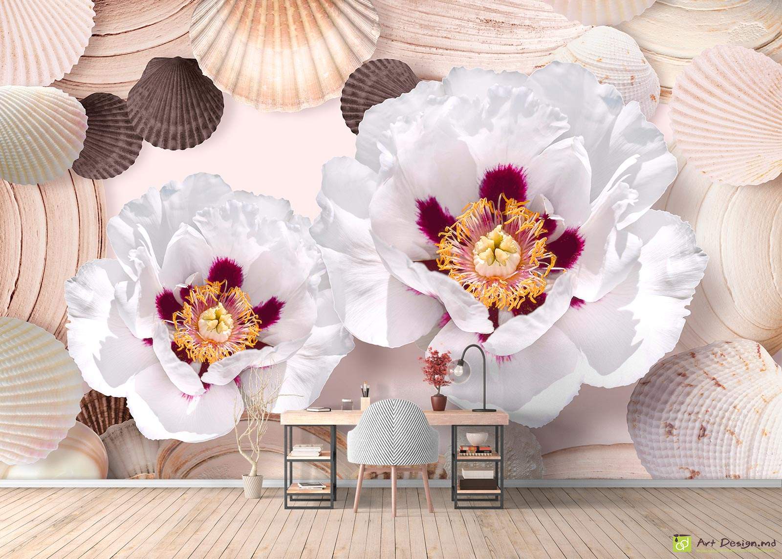 Fototapet la comanda - Bujorii flori și scoicile