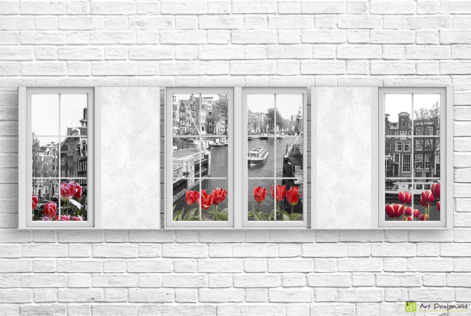 🖼️ Tablou modular Vedere spre Amsterdam și lalele roșii