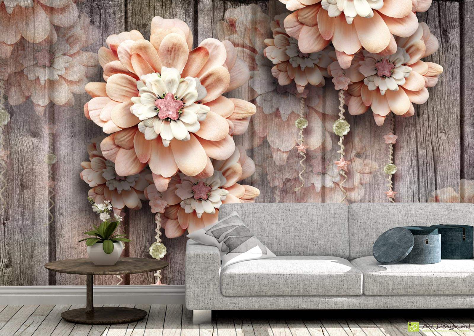 Fototapet la comanda - Flori 3D pe fundal de lemn