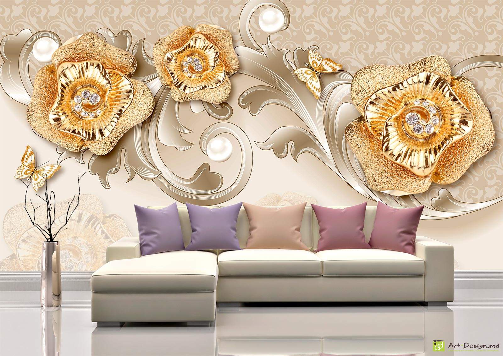 Фотообои на стену - Цветы с бабочками на абстрактном фоне