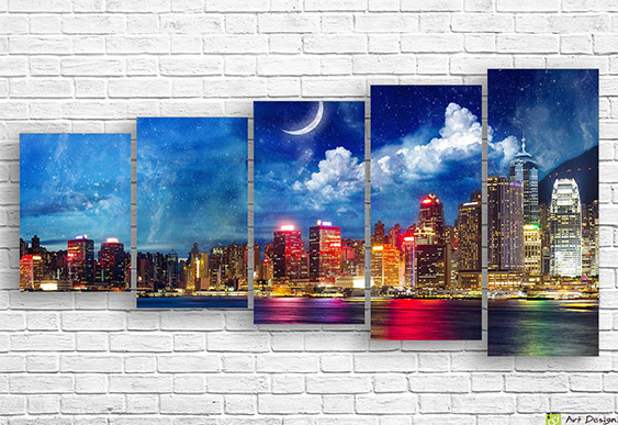 🌃 Tablou modular „Metropolă nocturnă în lumini albastre”