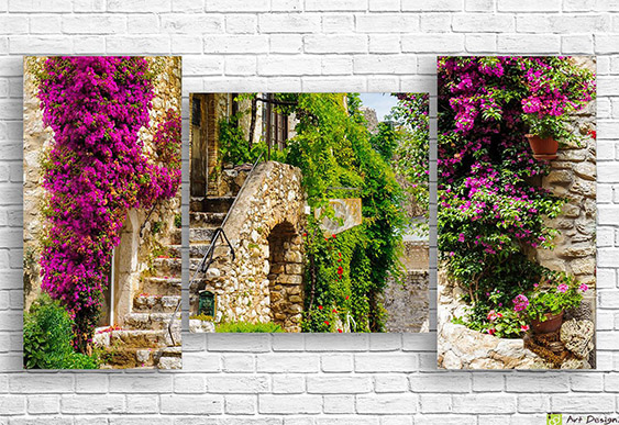 🖼️ Модульная картина каменная лестница и яркая бугенвиллия