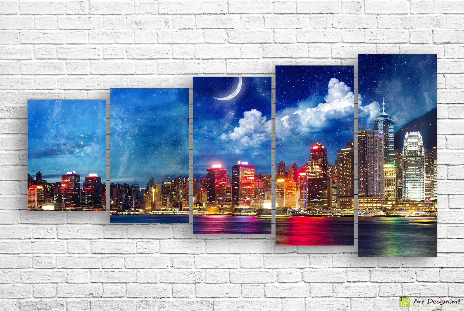 🖼️ Модульная картина Ночной Гонконг и месяц в небе