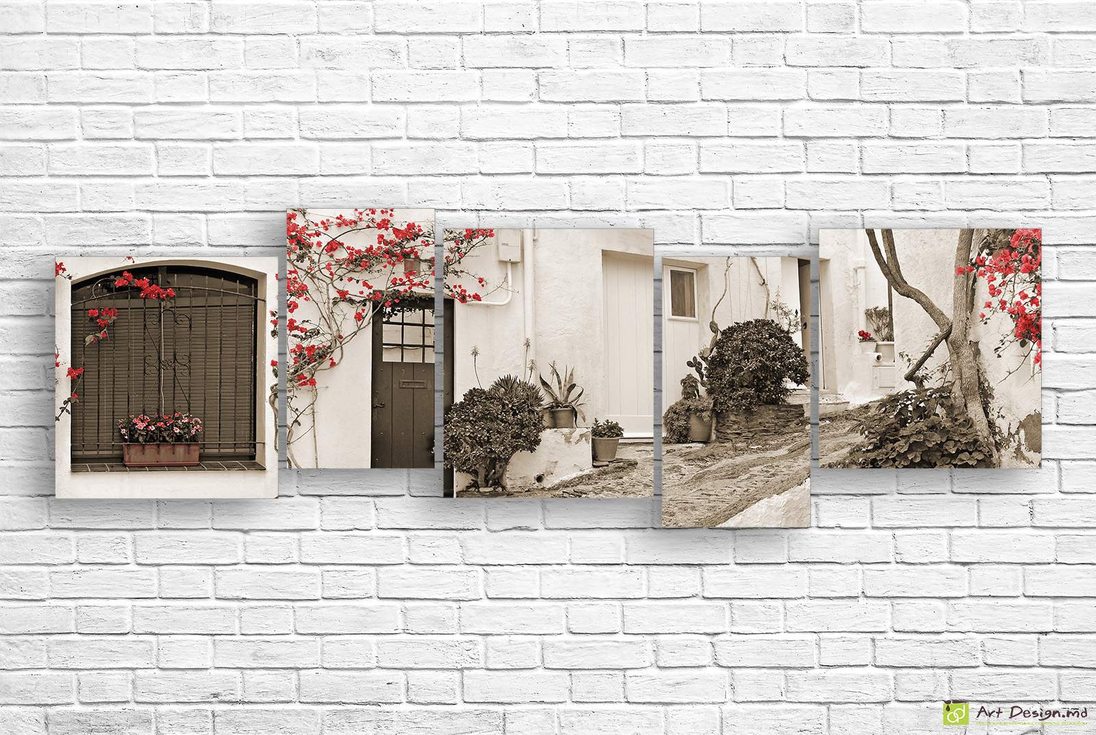 🌸 Модульная картина Белый дворик с красными цветами