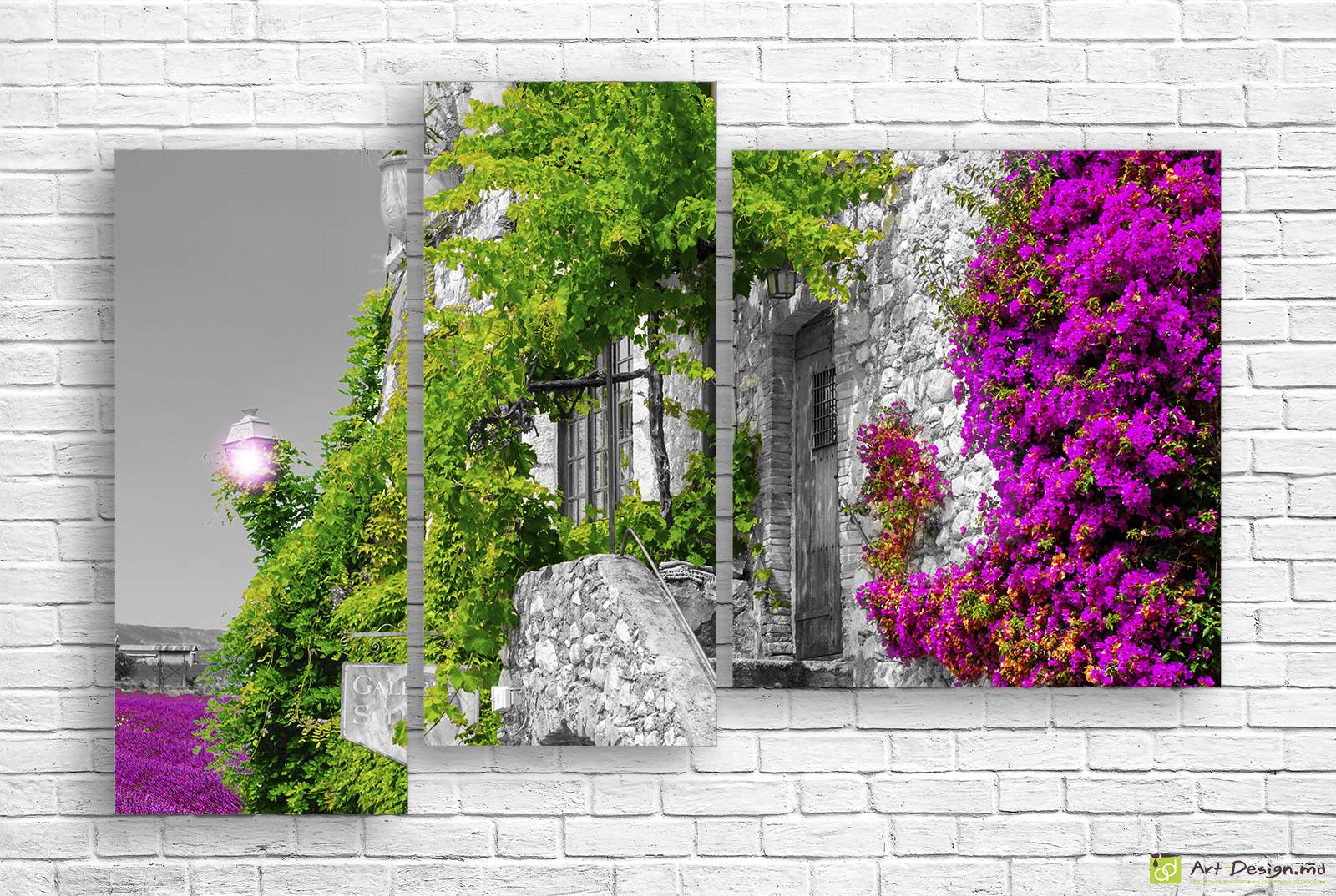 🖼️ Модульная картина черно-белая улочка и яркие цветы