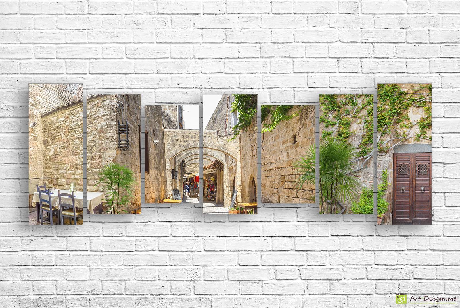 🌿 Tablou modular Stradă din piatră cu arcade și verdeață