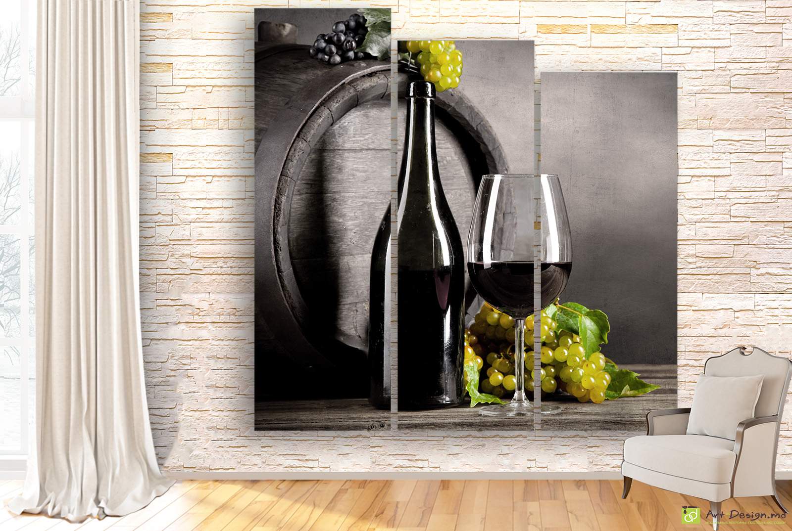 Модульная картина - Белый и красный виноград бокал вина