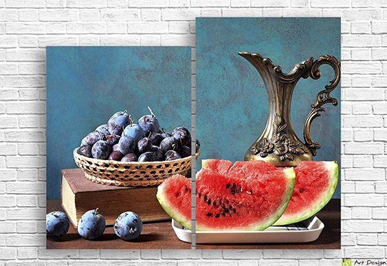 Модульная картина - Медный кувшин, сливы и виноград