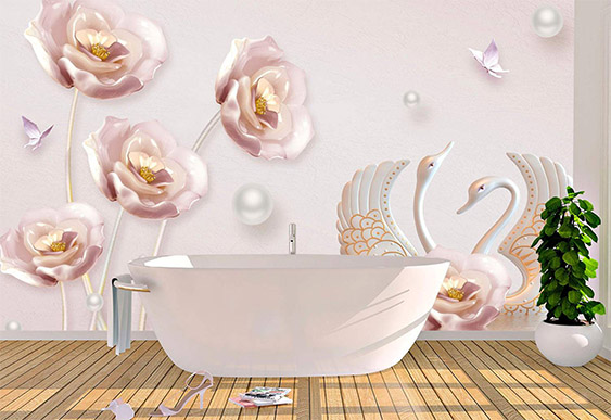 Fototapet la comanda - Flori și lebede cu efectul 3D