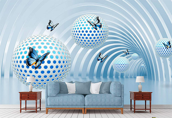 Fototapet - Tunel albastru cu bile și fluturi