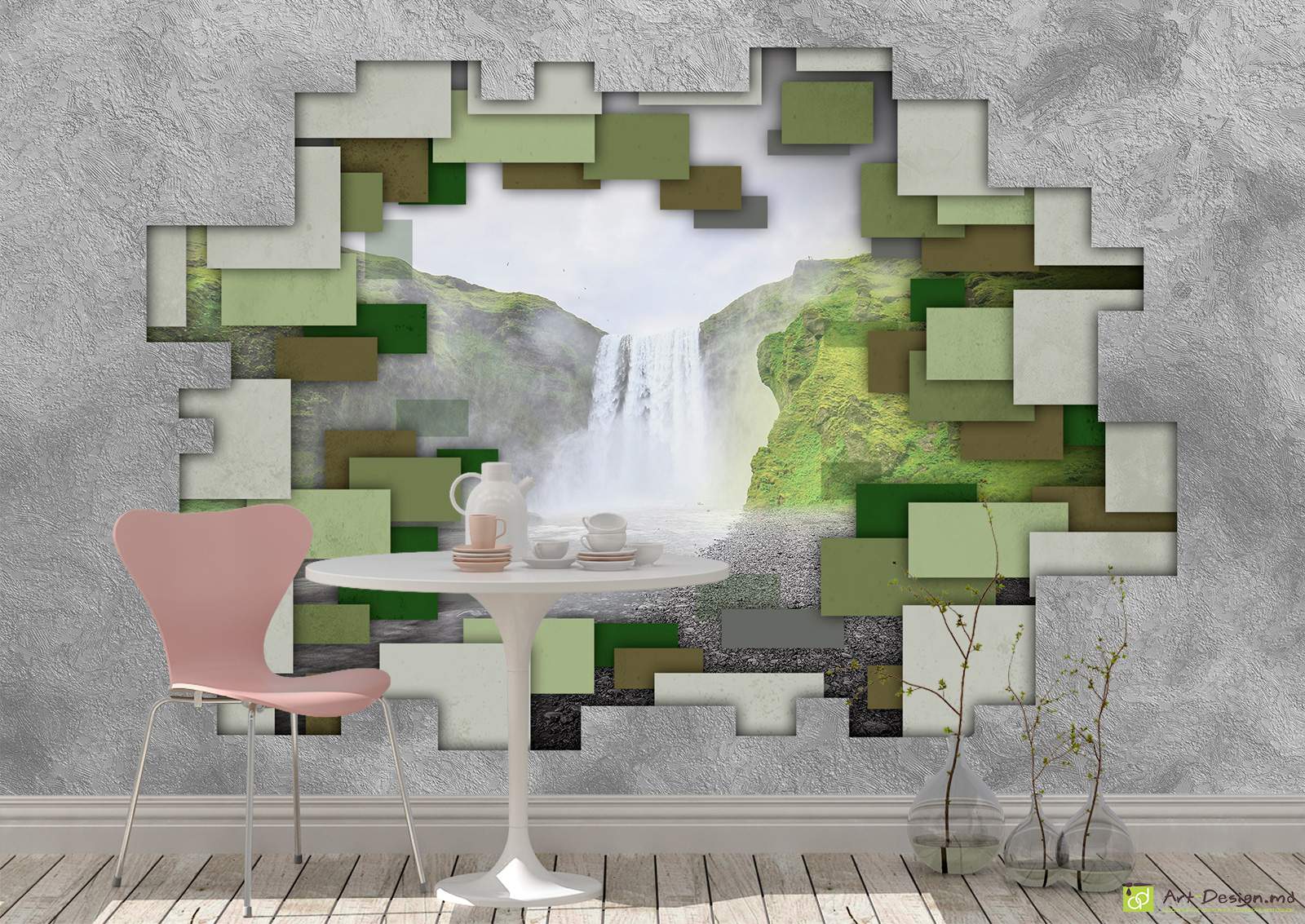 Фотообои - Водопад и бетонная стена с эффектом 3D