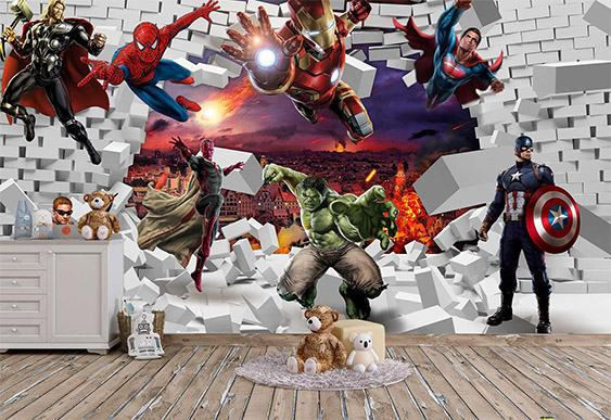 Fototapet - Eroii Marvel si perete spart