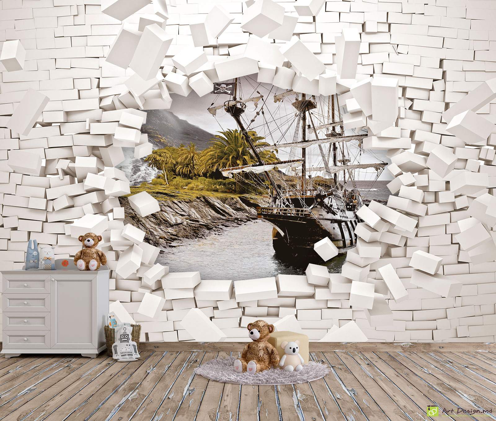 Fototapet - Perete stricat și navă de pirați