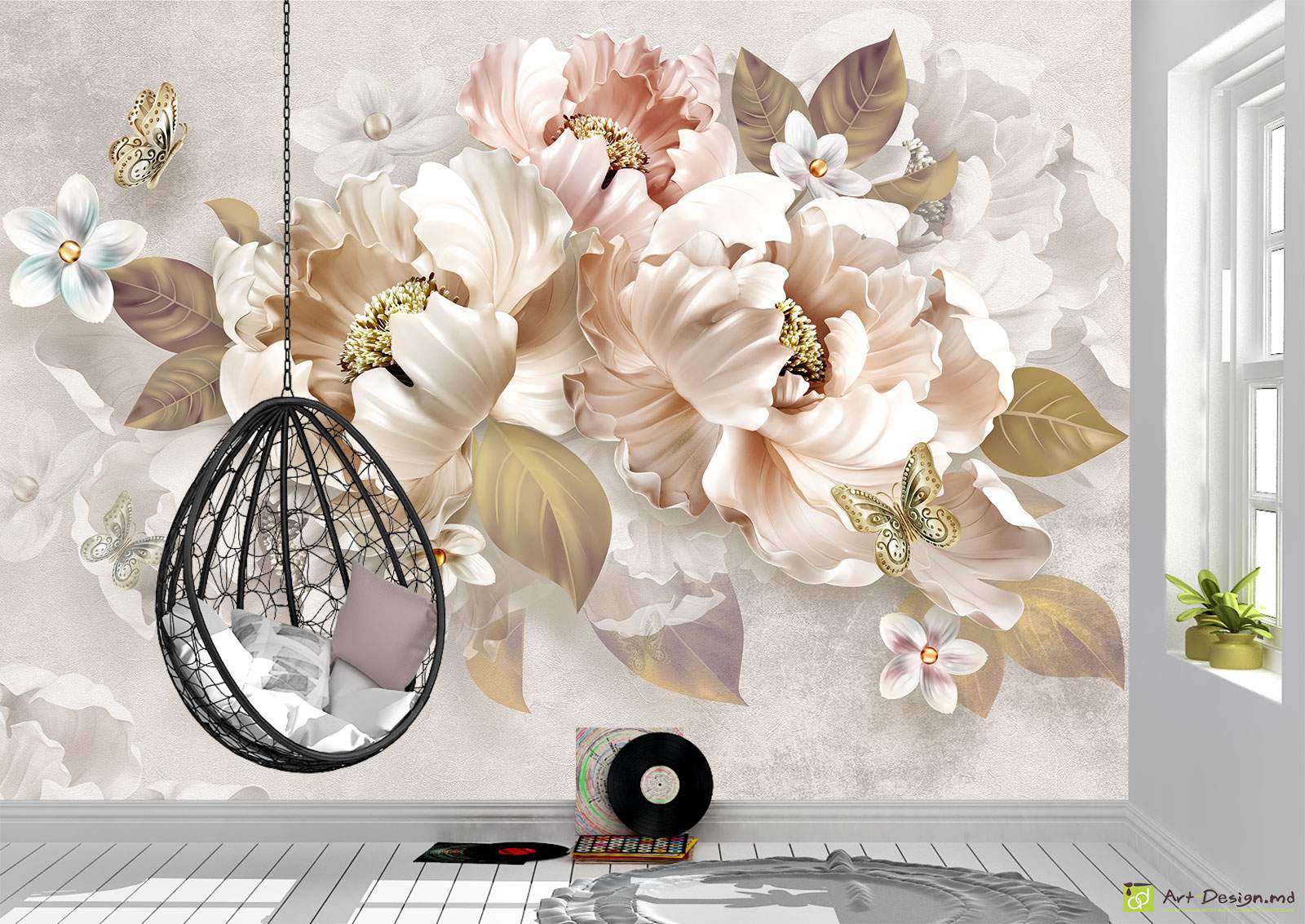 Fototapet - Flori și fluturi pe un fundal deschis