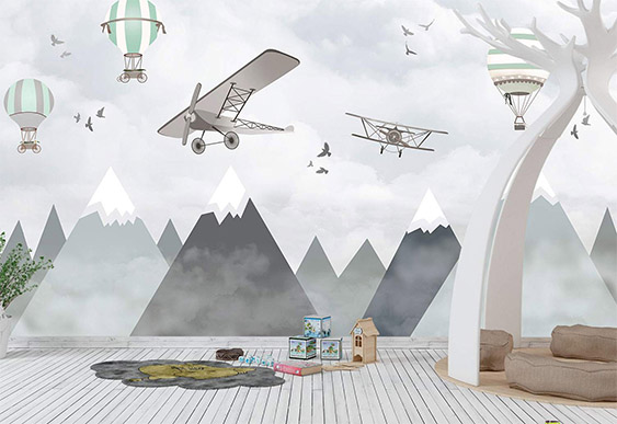 Fototapet - Munți, baloane și avioane, tapet pentru copii