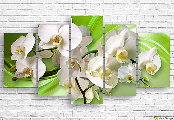 🌿 Tablou modular „Orhidee albe pe fundal verde”
