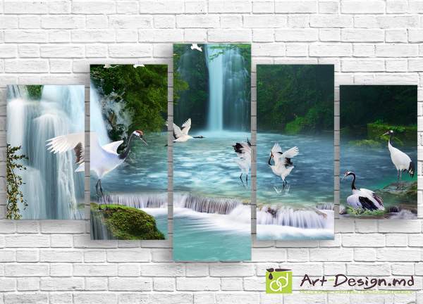 Модульная картина - Журавли на фоне водопада