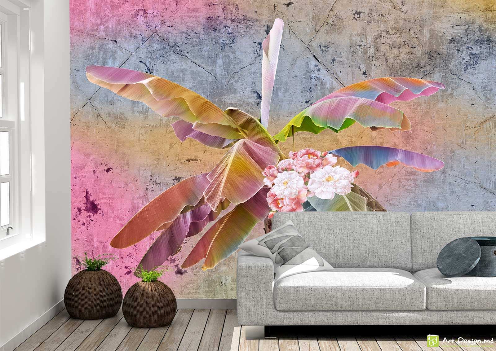 Фотообои Бетонная стена с тропическими листьями и цветы