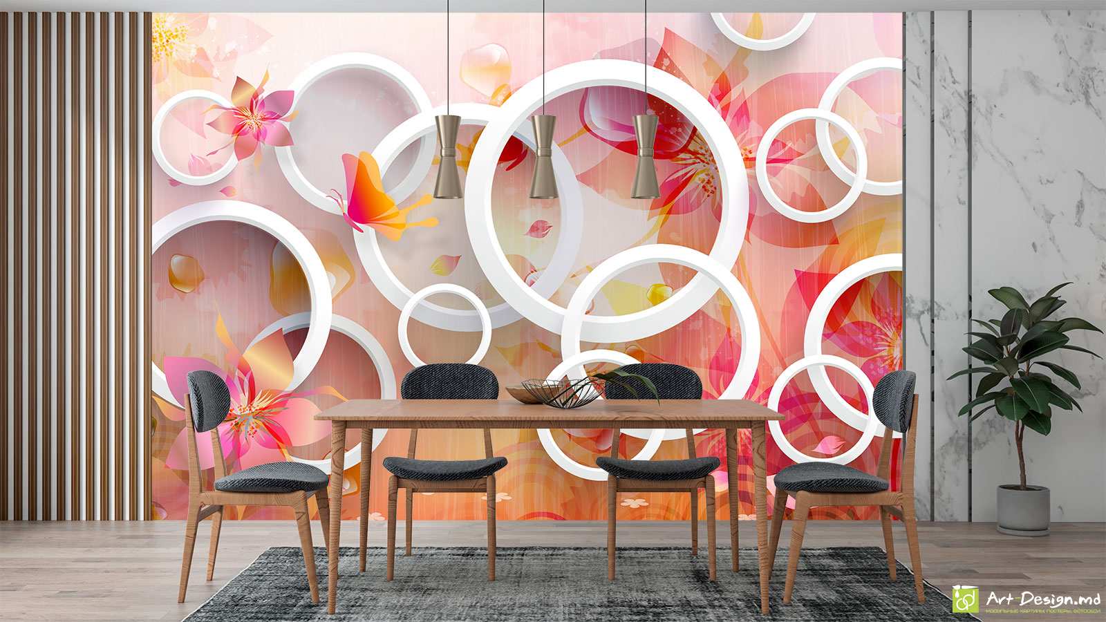 Fototapet personalizat 3D - Cercuri cu flori abstract