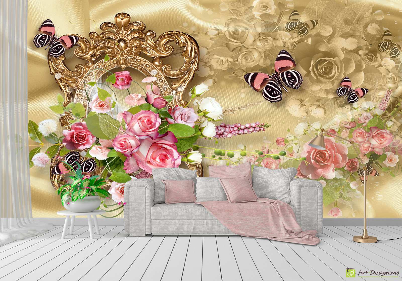 Fototapet la comanda - Un buchet de trandafiri și fluturi