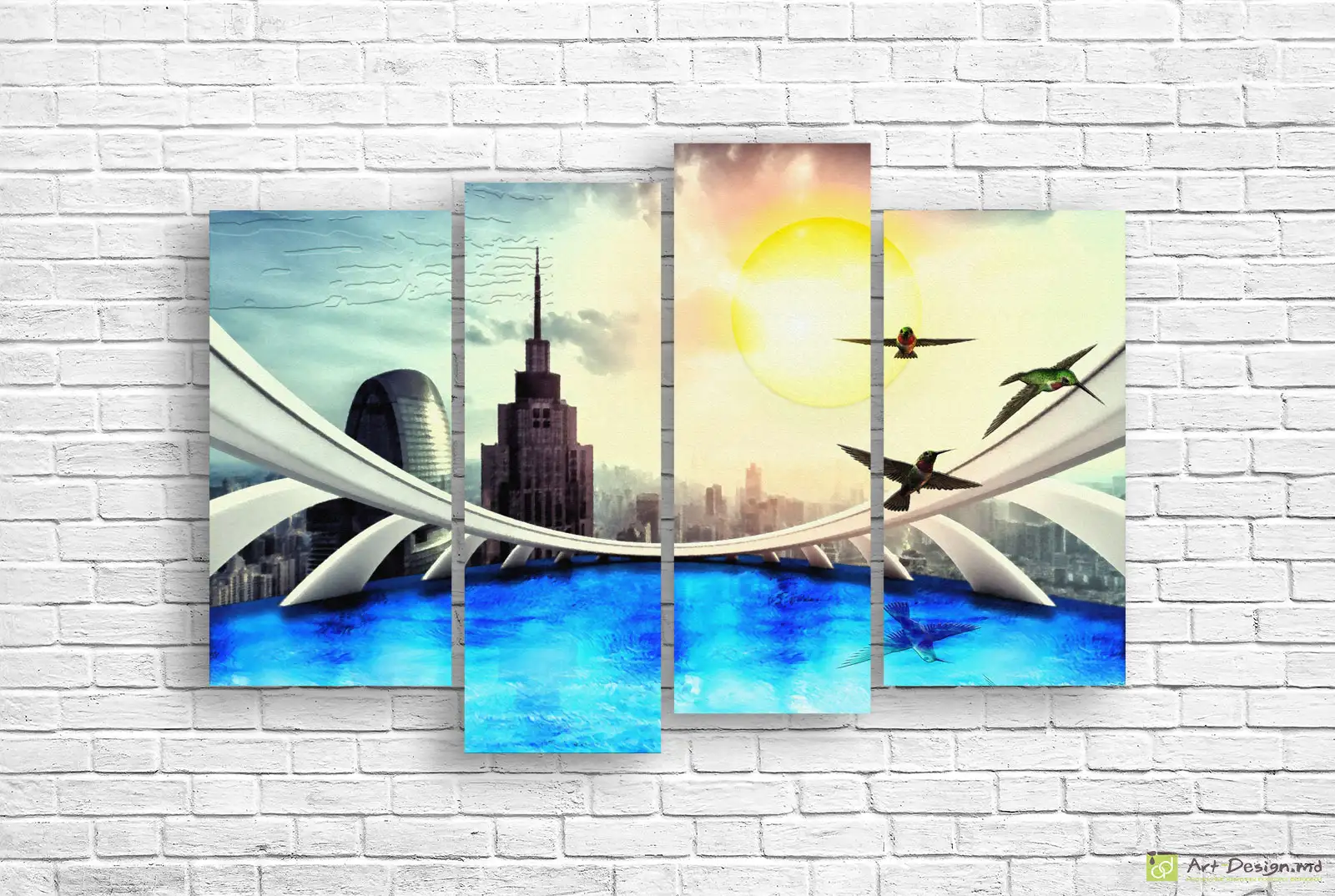 🕊️ Tablou modular Oraș fantastic și colibri