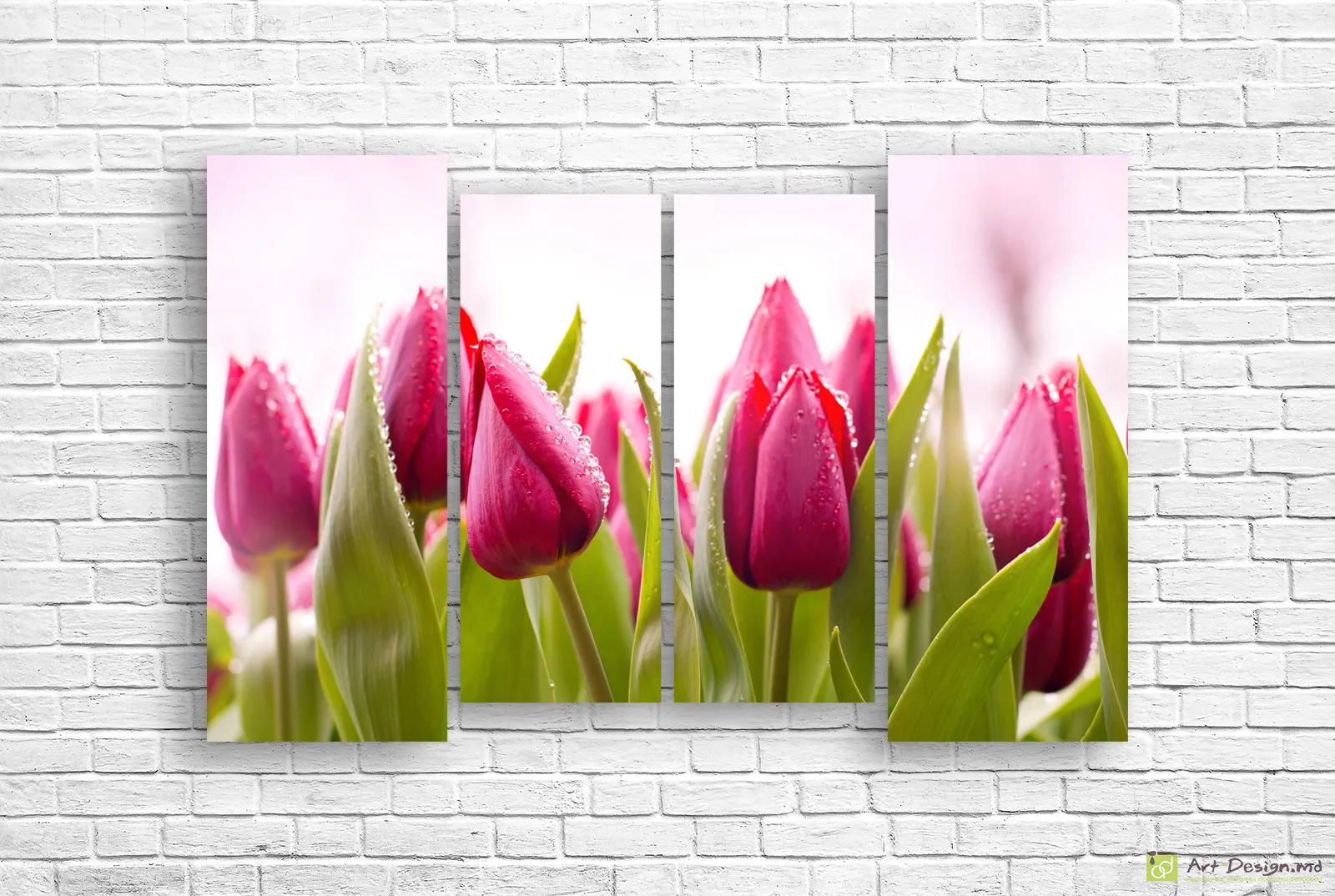 🌸 Tablou modular: Lalele roz cu picături de rouă