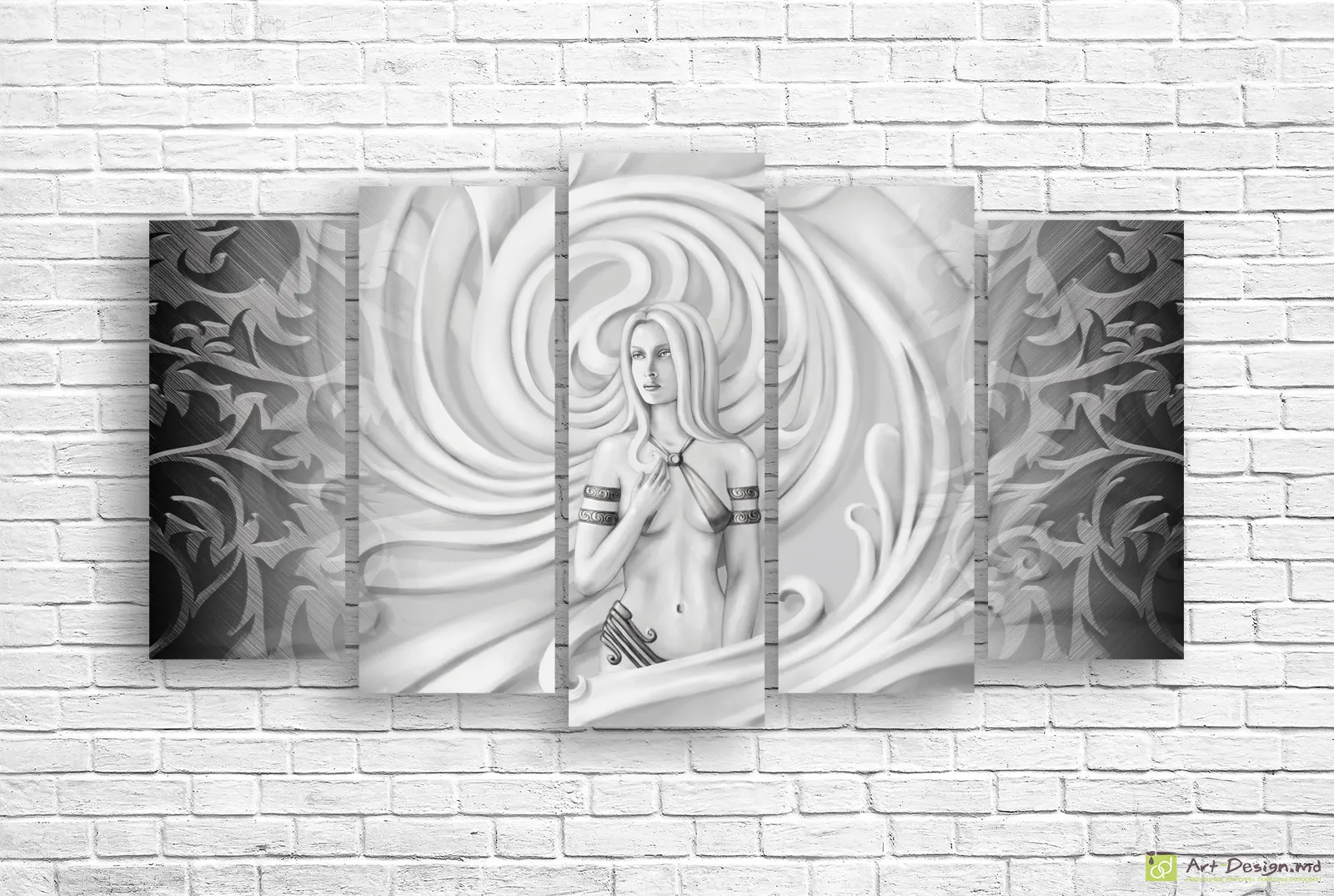 🖤 Tablou modular Fată în ornament abstract stil alb-negru