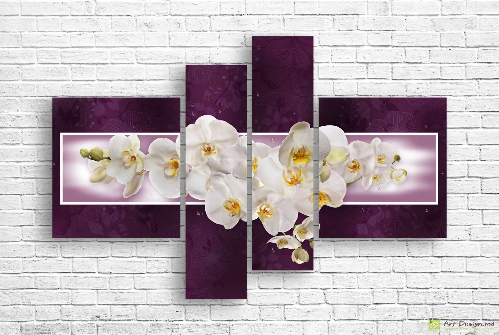 🌸 Tablou modular: Orhidee albe pe fundal violet