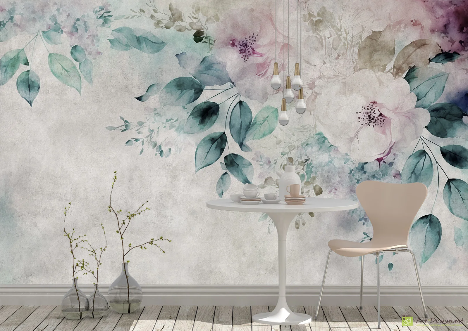 Fototapet Perete de beton și flori în stil acuarelă