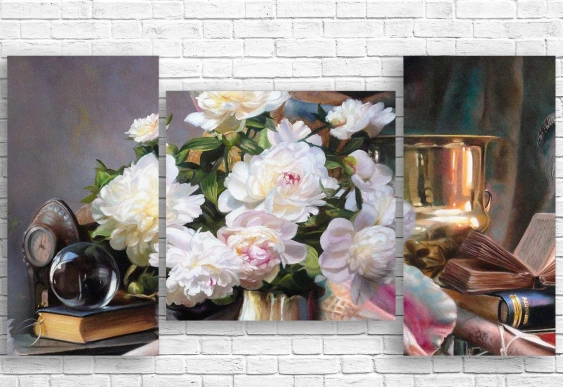 Tablou modular/multicanvas bujori, cărți și ceas