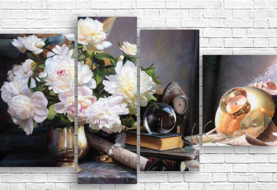 Tablou modular bujori și natură statică vintage