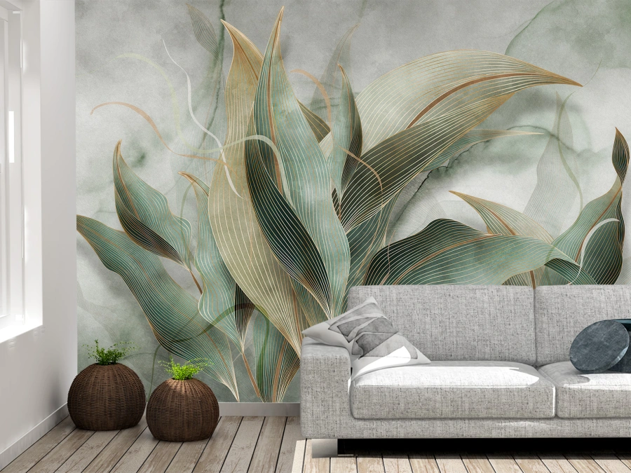 Fototapet cu Frunze și Linii Aurii, Acuarela