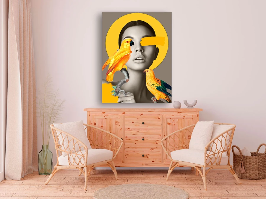 Păsările și femeia în armonie, tablou pe pânză