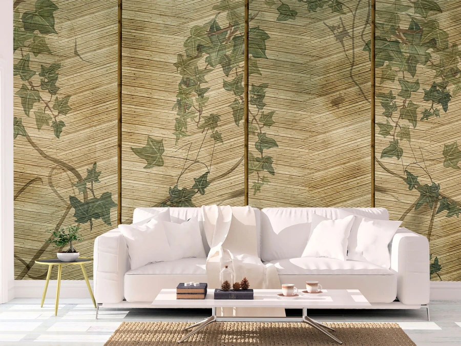 Зелёный плющ на фоне бамбука, Фотообои