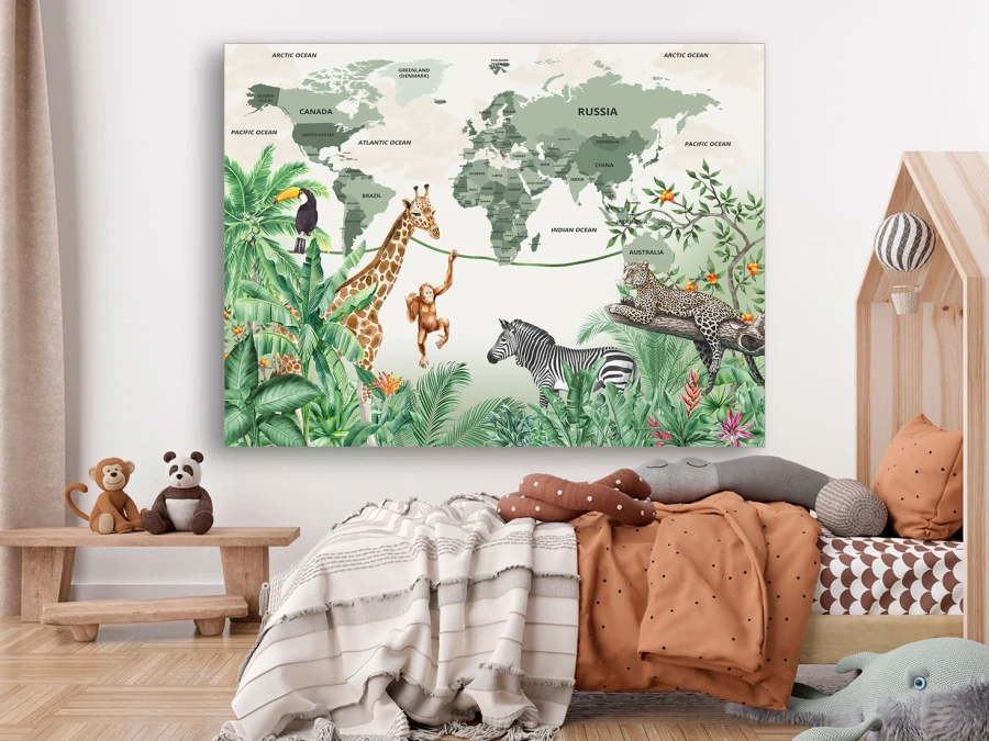 Tablou pe pânză, Harta lumii pentru copii cu animale