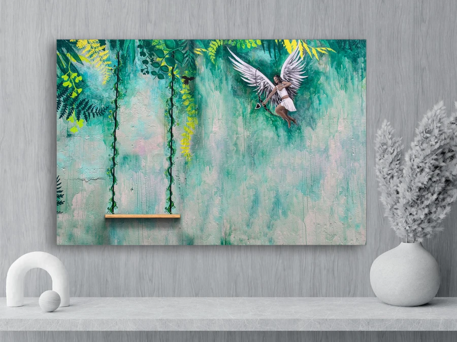 Tablou pe pânză cu un înger mistic și leagăn