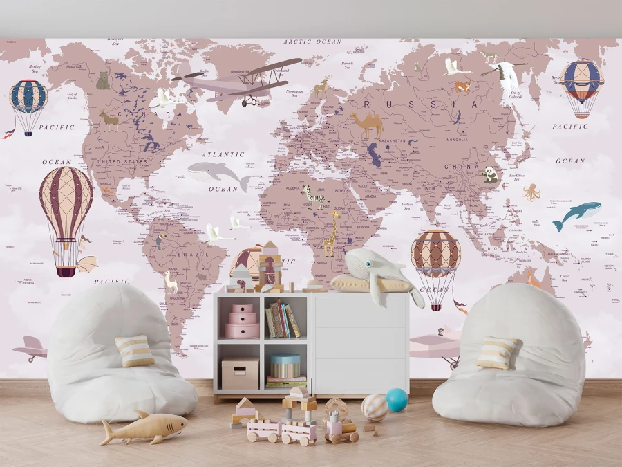 Aventura lumii cu hartă și baloane cu aer cald